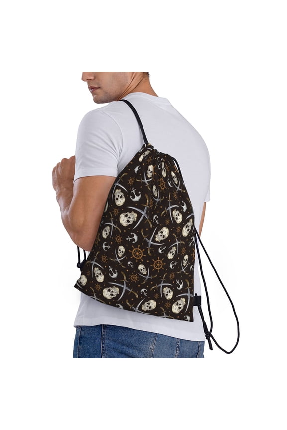 Pirate Skulls Print Drawstring Backpack Bag Sport Gym Sackpack Heavy Duty String Backpack for Men Women