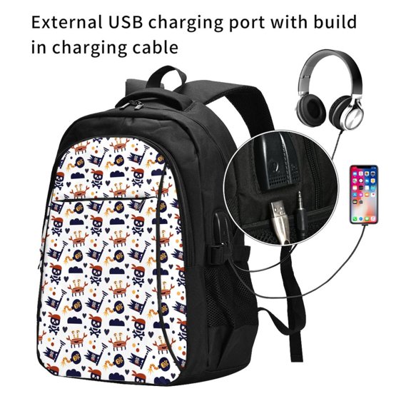 Ratiio Pirate Theme Print Travel Laptop Backpack,Slim Sturdy Laptops Backpack with USB Charging Port, Water Resistant College School Computer Bag