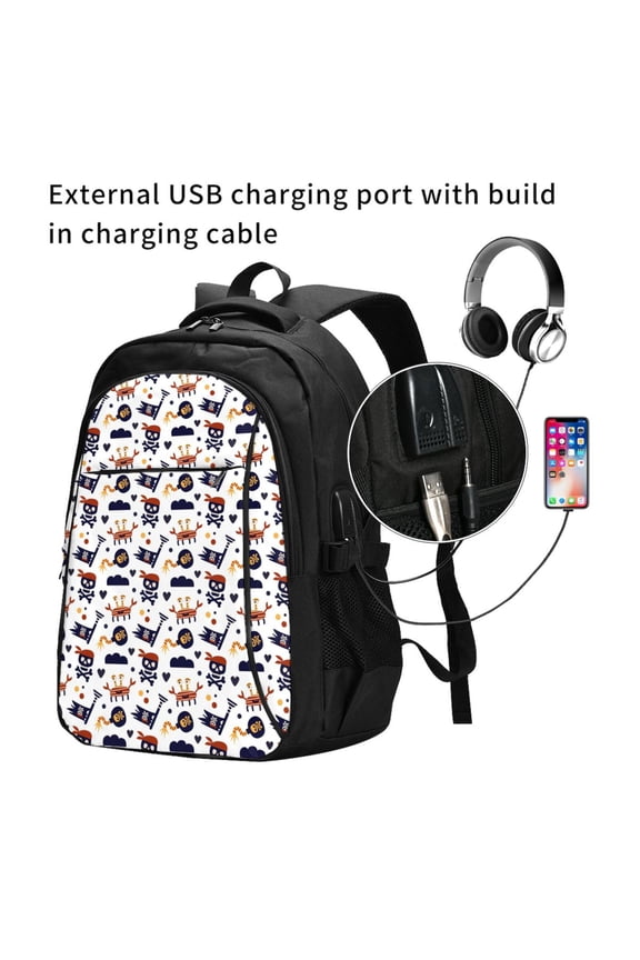 Pirate Theme Print Travel Laptop Backpack,Slim Sturdy Laptops Backpack with USB Charging Port, Water Resistant College School Computer Bag