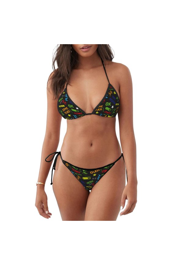 Pixel Game Pattern Women's Two Piece Bikini Swimsuit - Adjustable Tie Bikini Set Sexy & Comfortable Beach Swimwear