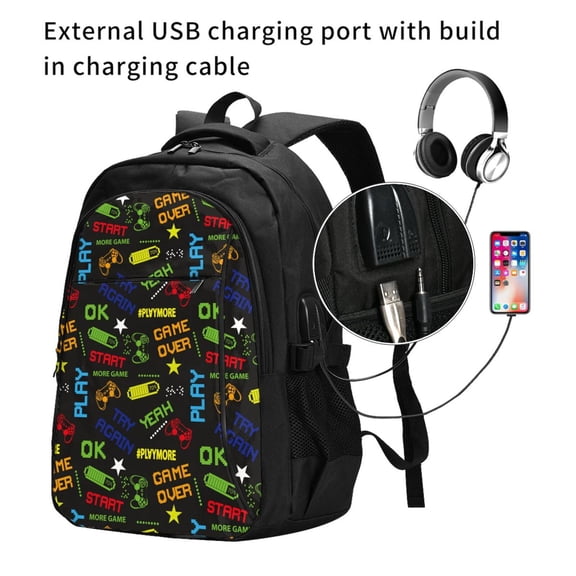 Ratiio Pixel Game Print Travel Laptop Backpack,Slim Sturdy Laptops Backpack with USB Charging Port, Water Resistant College School Computer Bag