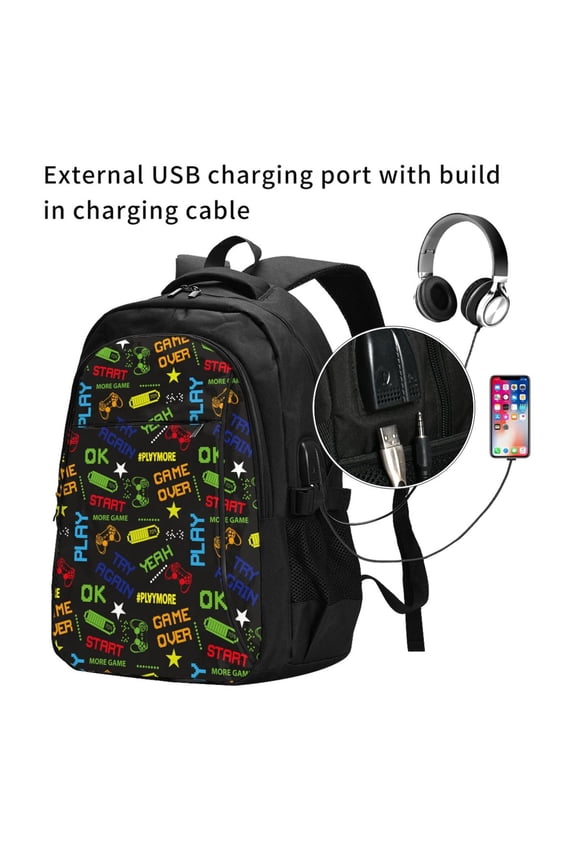 Pixel Game Print Travel Laptop Backpack,Slim Sturdy Laptops Backpack with USB Charging Port, Water Resistant College School Computer Bag