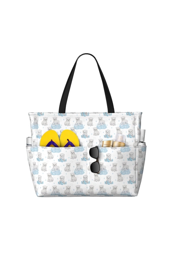 Playful Polar Bear Pals Print Large Capacity Beach Travel Bag, Polyester Waterproof Tote Bag with Zipper for Vacation and Daily Use