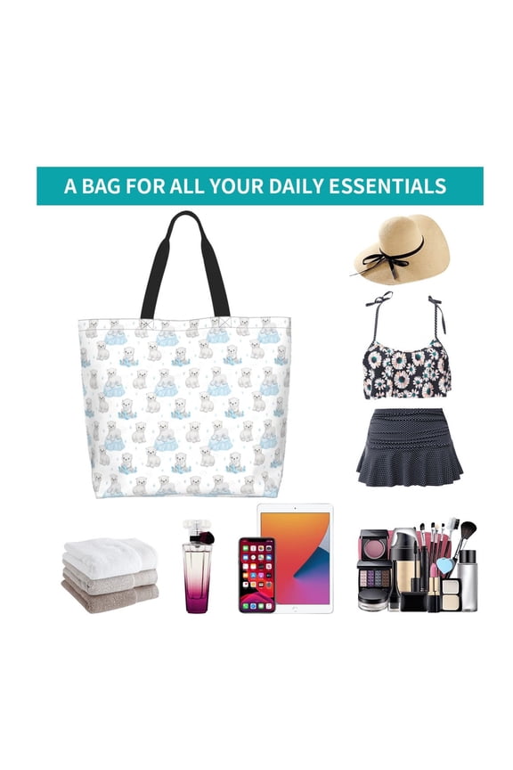 Playful Polar Bear Pals Print Reusable Grocery Bags - Washable, Foldable, Packable Tote, Large Handles, Heavy Duty, Zippered Top Pouch