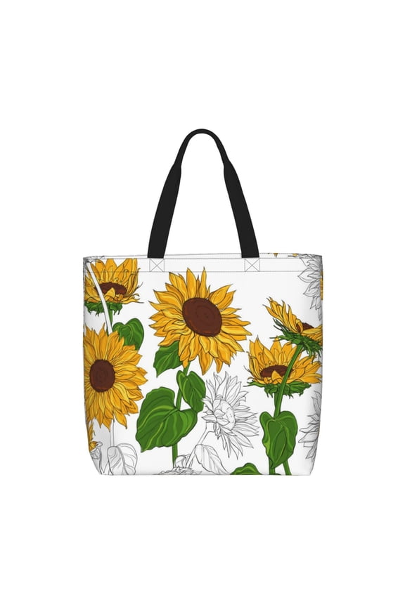 Plump Sunflower And Sketch Print Reusable Grocery Bag Shopping Bags with Zipper Shoulder Shopping Handle Bag Suitable for Outdoor Convenient Daily Bag