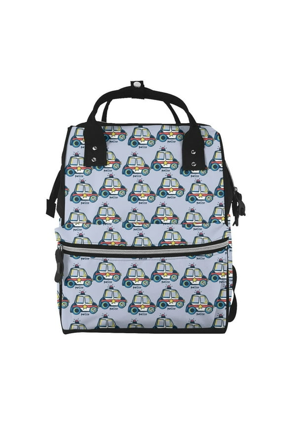 Police Car Mummy Backpack - Waterproof Twill Canvas, Large Capacity Diaper Bag with Multiple Pockets and Adjustable Straps
