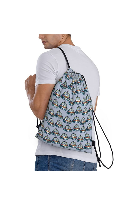 Police Car Print Drawstring Backpack Bag Sport Gym Sackpack Heavy Duty String Backpack for Men Women