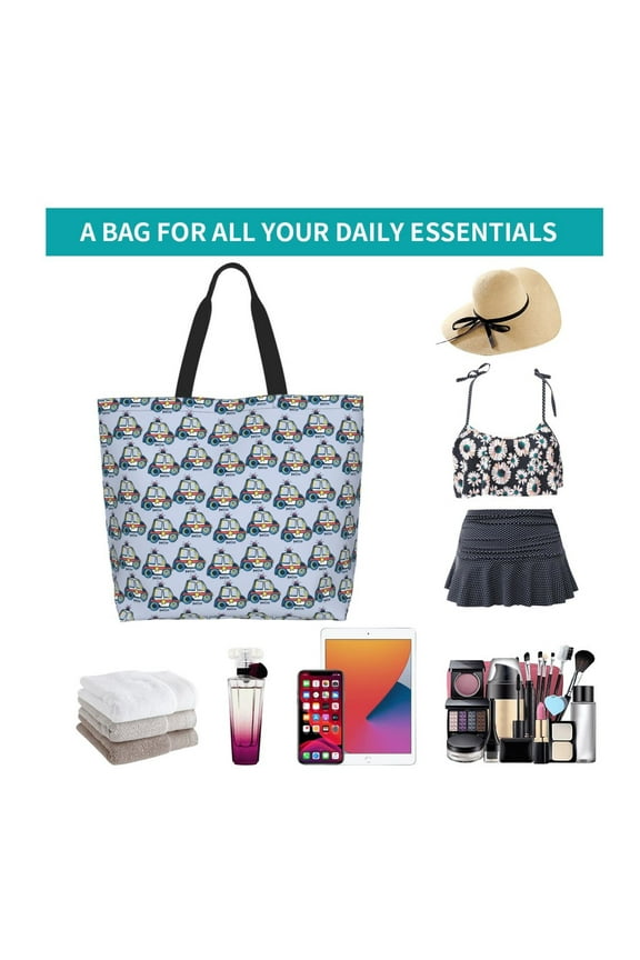 Police Car Print Reusable Grocery Bags - Washable, Foldable, Packable Tote, Large Handles, Heavy Duty, Zippered Top Pouch