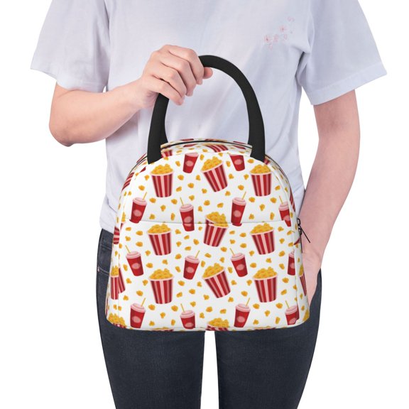 Ratiio Popcorn Print Insulated Lunch Bag Women Reusable Lunch Box with Pocket for Work Picnic Travel