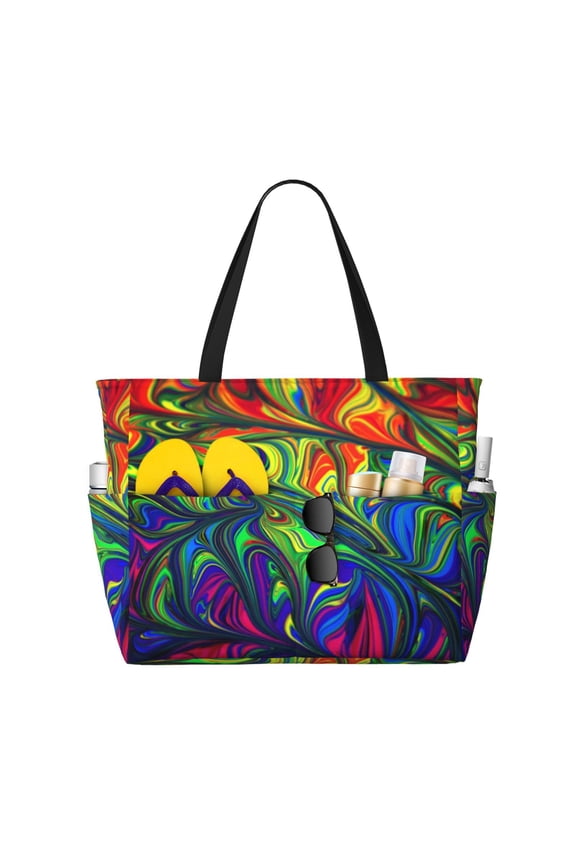 Pride Rainbow Print Large Capacity Beach Travel Bag, Polyester Waterproof Tote Bag with Zipper for Vacation and Daily Use