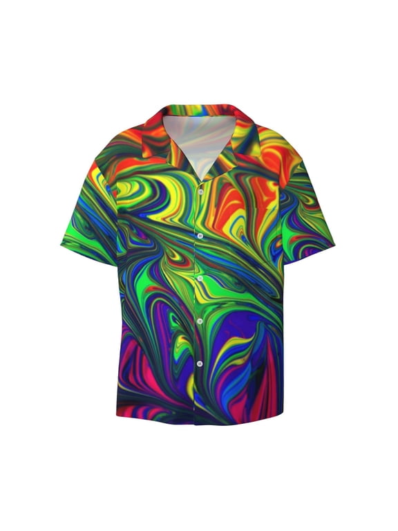 Pride Rainbow Print Mens Casual Short Sleeve Shirts Button Down Textured Shirts Summer Beach Shirt with Pocket Men's Casual Short-sleeved Shirt