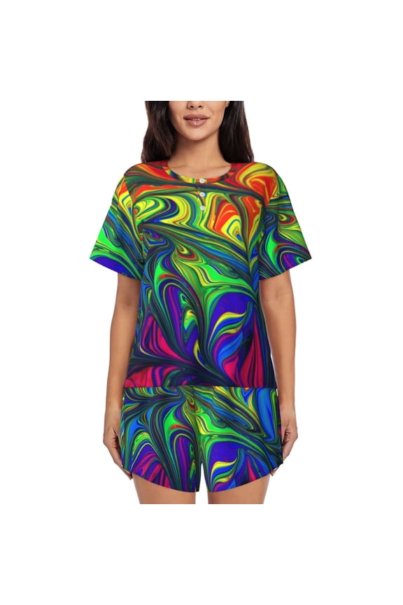 Pride Rainbow Print Womens Pajama Sets 2 Piece Soft Short Sleeve Top and Shorts Sleepwear Round Neck Pjs Lounge Set