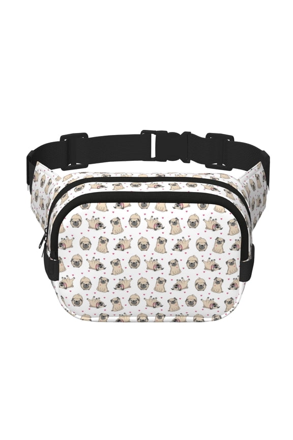 Pugs Pattern Square Double Layer Waist Bag, Durable Twill Fabric Waist Pack with Adjustable Belt,Outdoor Hiking, Running, Travel Waist Bag