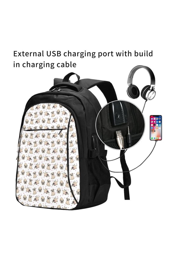 Pugs Print Travel Laptop Backpack,Slim Sturdy Laptops Backpack with USB Charging Port, Water Resistant College School Computer Bag