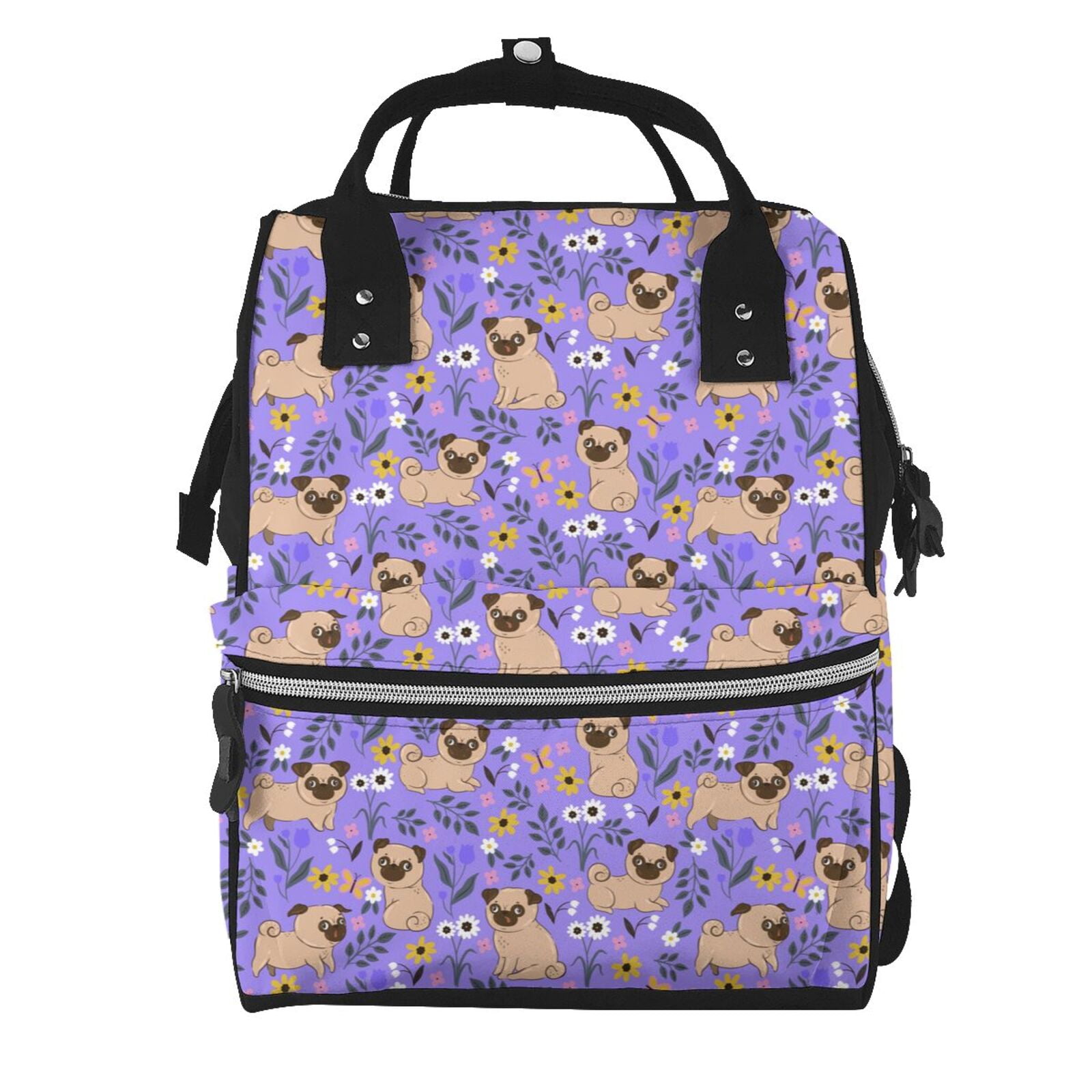 Ratiio Pugs and Flowers Mummy Backpack - Waterproof Twill Canvas, Large Capacity Diaper Bag with Multiple Pockets and Adjustable Straps