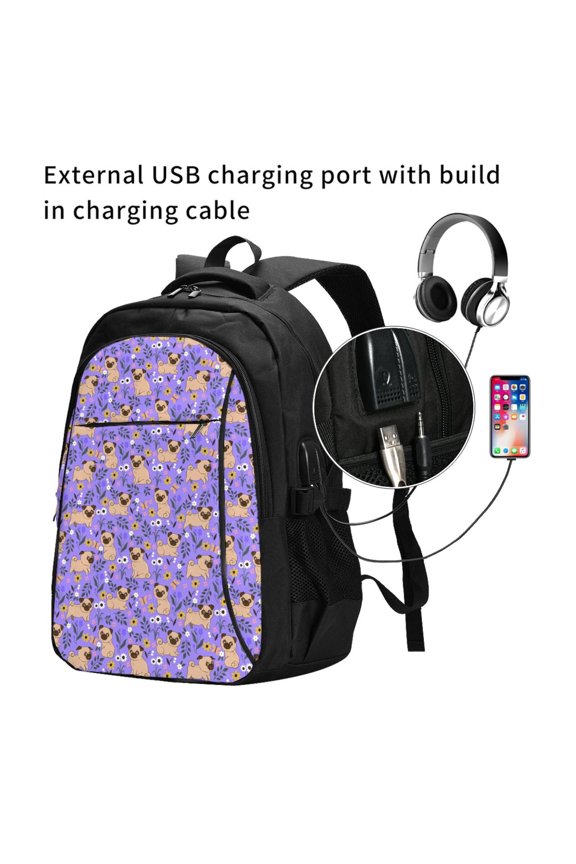 Pugs and Flowers Print Travel Laptop Backpack,Slim Sturdy Laptops Backpack with USB Charging Port, Water Resistant College School Computer Bag