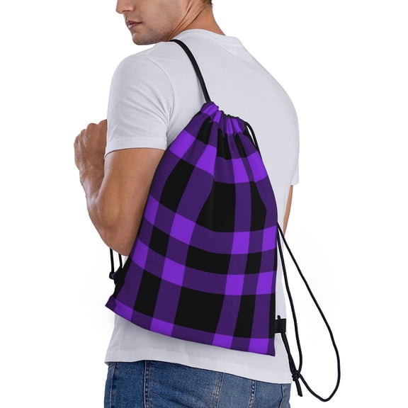 Ratiio Purple Buffalo Plaid Print Drawstring Backpack Bag Sport Gym Sackpack Heavy Duty String Backpack for Men Women