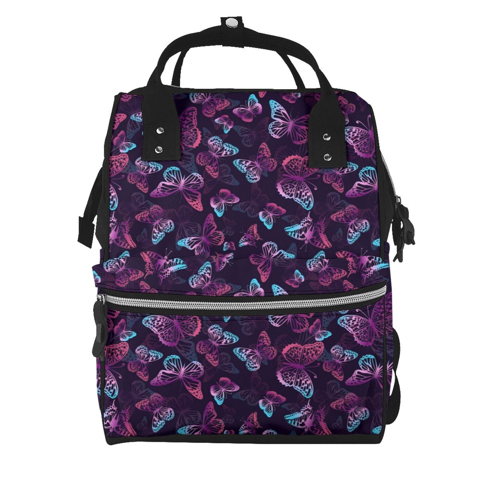 Ratiio Purple Butterfly Mummy Backpack - Waterproof Twill Canvas, Large Capacity Diaper Bag with Multiple Pockets and Adjustable Straps