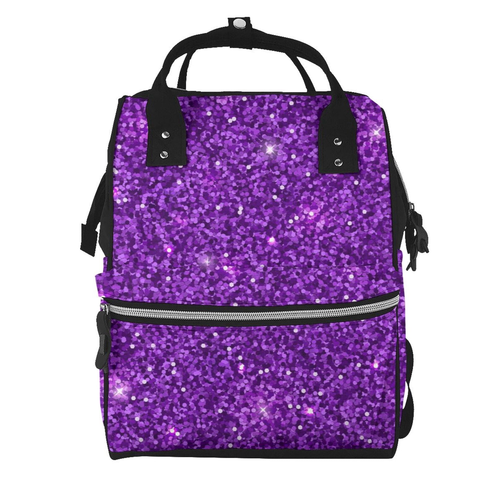 Ratiio Purple Glitter Mummy Backpack - Waterproof Twill Canvas, Large Capacity Diaper Bag with Multiple Pockets and Adjustable Straps