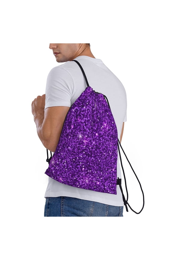 Purple Glitter Print Drawstring Backpack Bag Sport Gym Sackpack Heavy Duty String Backpack for Men Women