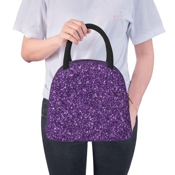 Ratiio Purple Glitter Print Insulated Lunch Bag Women Reusable Lunch Box with Pocket for Work Picnic Travel