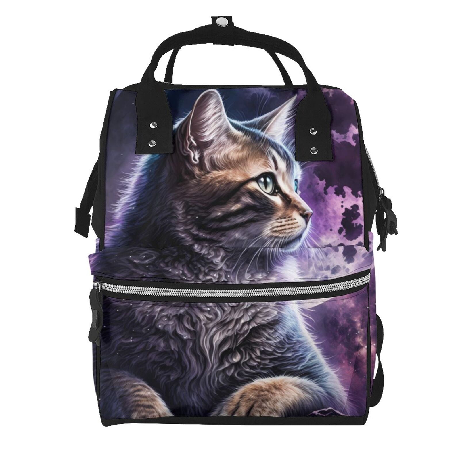 Ratiio Purple Moon Cat Mummy Backpack - Waterproof Twill Canvas, Large Capacity Diaper Bag with Multiple Pockets and Adjustable Straps