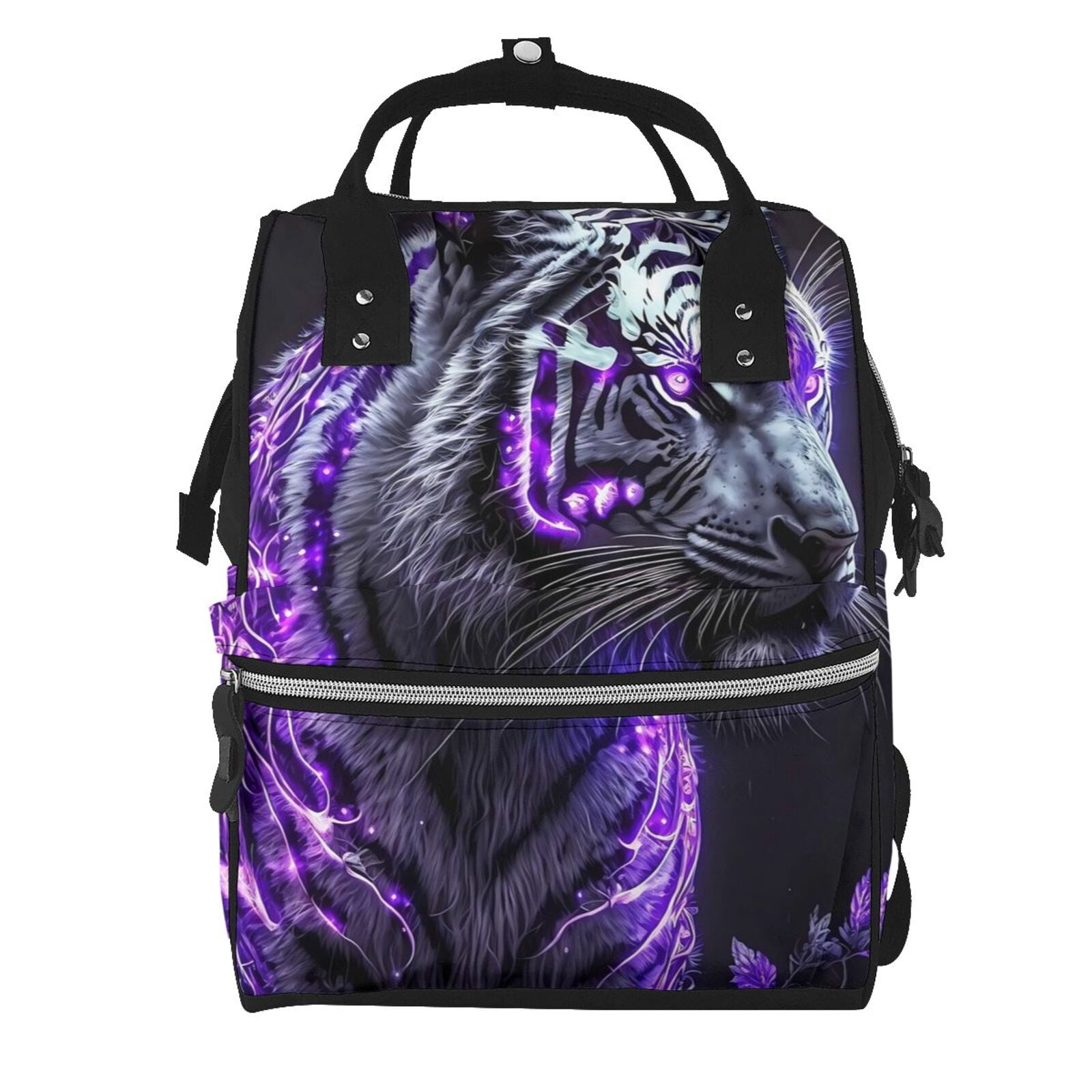 Ratiio Purple Plant White Tiger Mummy Backpack - Waterproof Twill Canvas, Large Capacity Diaper Bag with Multiple Pockets and Adjustable Straps