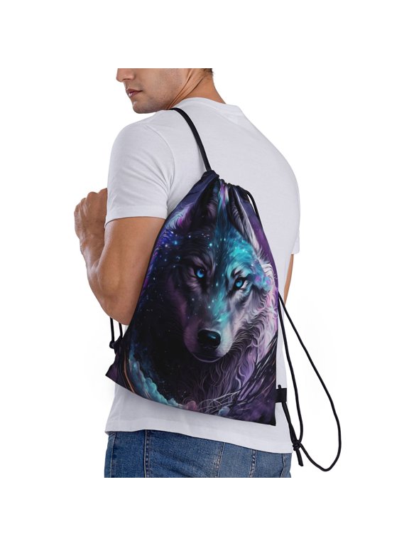 Purple Sky Wolf Print Drawstring Backpack Bag Sport Gym Sackpack Heavy Duty String Backpack for Men Women