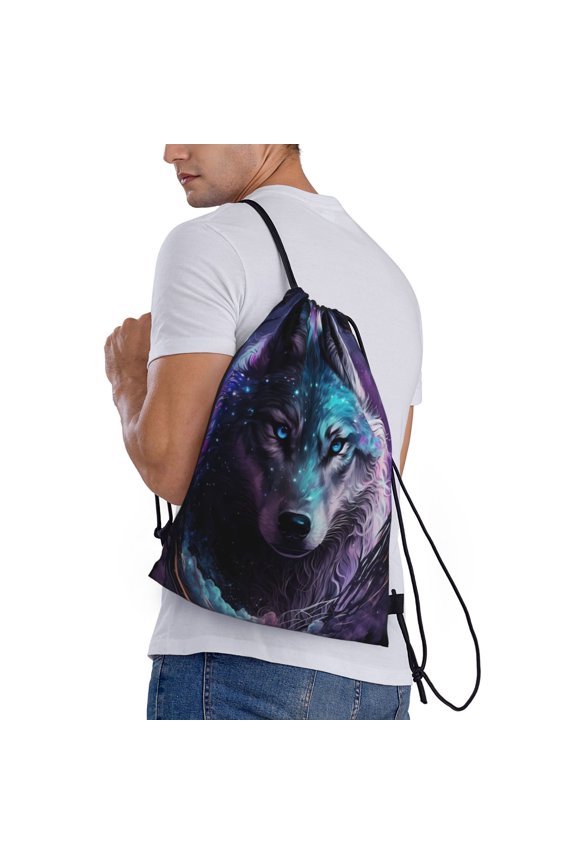 Purple Sky Wolf Print Drawstring Backpack Bag Sport Gym Sackpack Heavy Duty String Backpack for Men Women