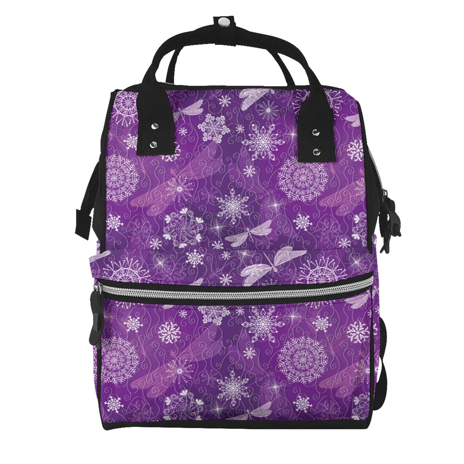 Ratiio Purple Snowflakes Mummy Backpack - Waterproof Twill Canvas, Large Capacity Diaper Bag with Multiple Pockets and Adjustable Straps