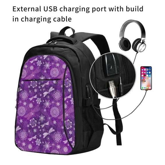 Ratiio Purple Snowflakes Print Travel Laptop Backpack,Slim Sturdy Laptops Backpack with USB Charging Port, Water Resistant College School Computer Bag