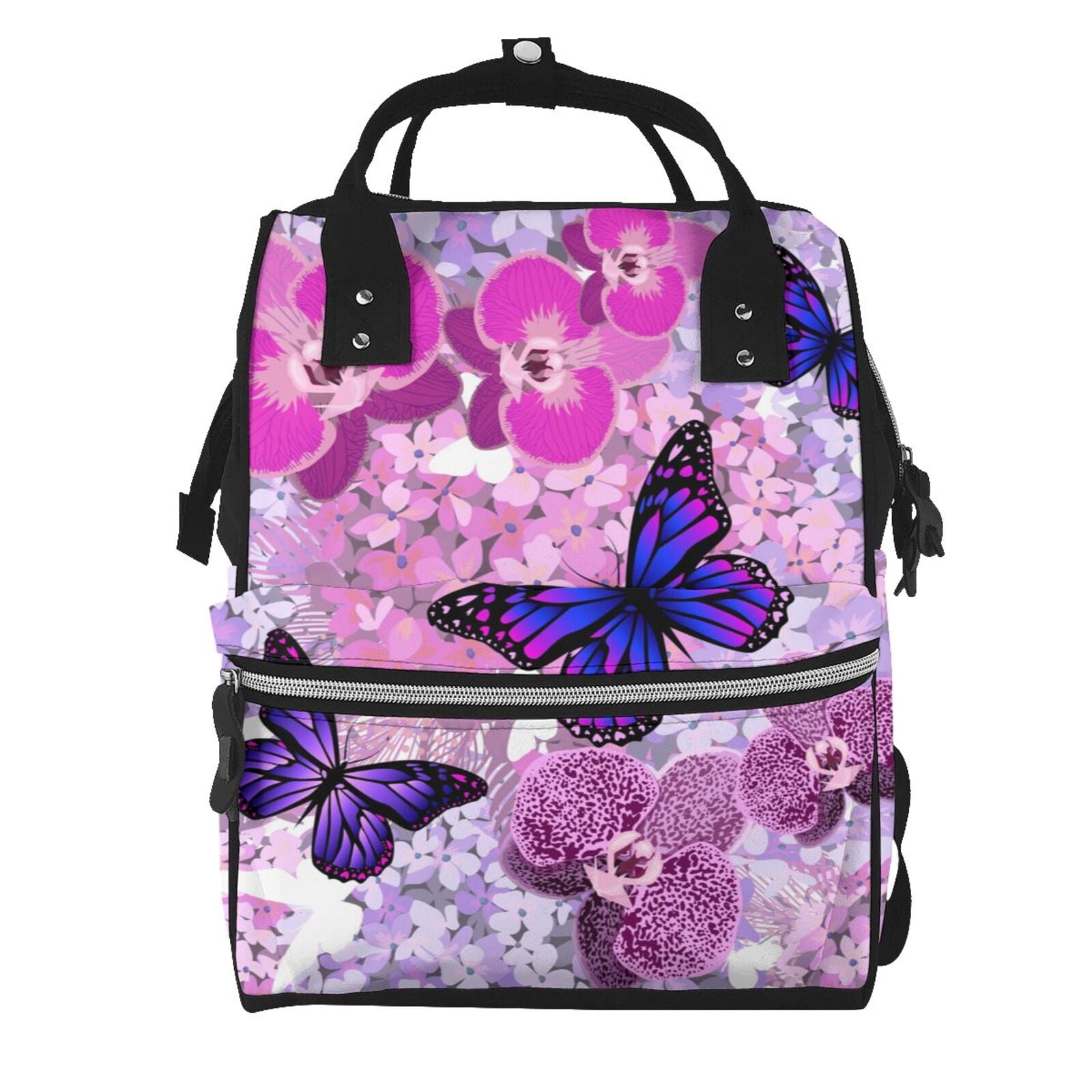 Ratiio Purple Vintage Butterfly Mummy Backpack - Waterproof Twill Canvas, Large Capacity Diaper Bag with Multiple Pockets and Adjustable Straps