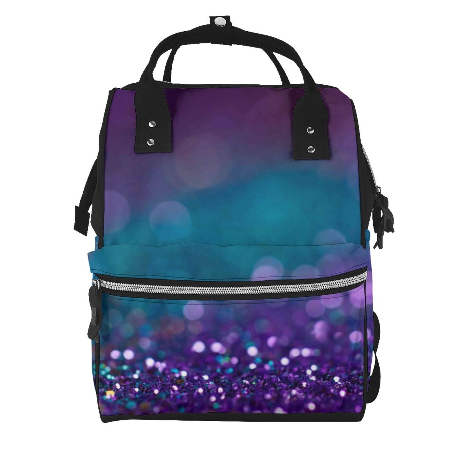 Ratiio Purple and Green Glitter Mummy Backpack - Waterproof Twill Canvas, Large Capacity Diaper Bag with Multiple Pockets and Adjustable Straps