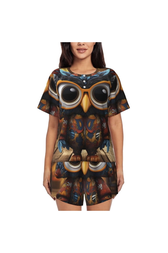Quirky Owl With Glasses Print Womens Pajama Sets 2 Piece Soft Short Sleeve Top and Shorts Sleepwear Round Neck Pjs Lounge Set