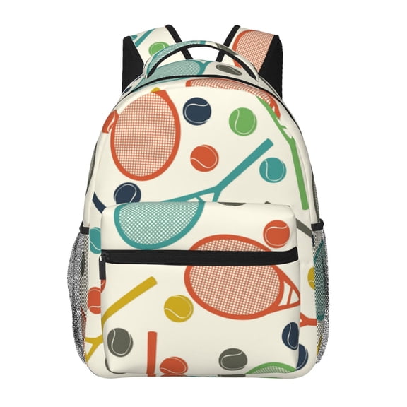 Ratiio Racket and Tennis Ball Print Eco-Friendly Casual Backpack, Water-Resistant Polyester Canvas Daypack with Smooth Zippers, Comfortable & Durable Travel Bag with Laptop Compartment