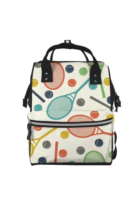 Racket and Tennis Ball Mummy Backpack - Waterproof Twill Canvas, Large Capacity Diaper Bag with Multiple Pockets and Adjustable Straps