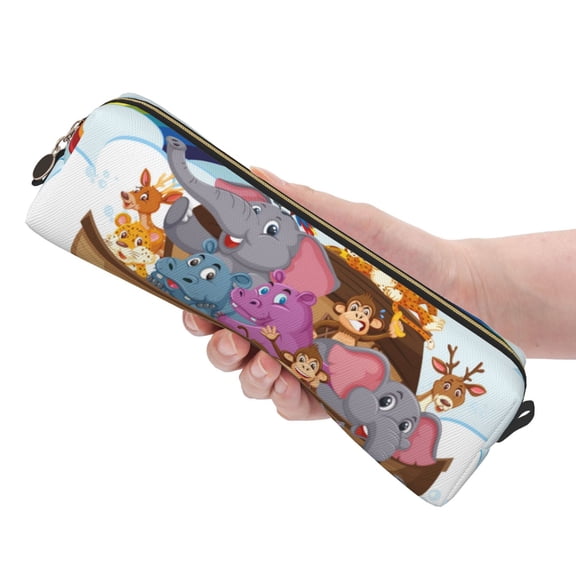 Ratiio Rainbow Animals on Noah's Ark Pattern Leather Pencil Case, Pencil Pouch with Durable Zipper, Compact and Stylish Organizer for Stationery, Art Supplies, Travel Essentials