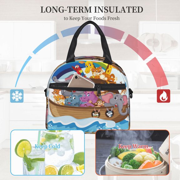 Ratiio Rainbow Animals on Noah's Ark Pattern Lunch Bag ,Insulated Lunch Box, Small Leakproof Cooler Food Lunch Containers Reusable High Capacity Lunch Tote Bags