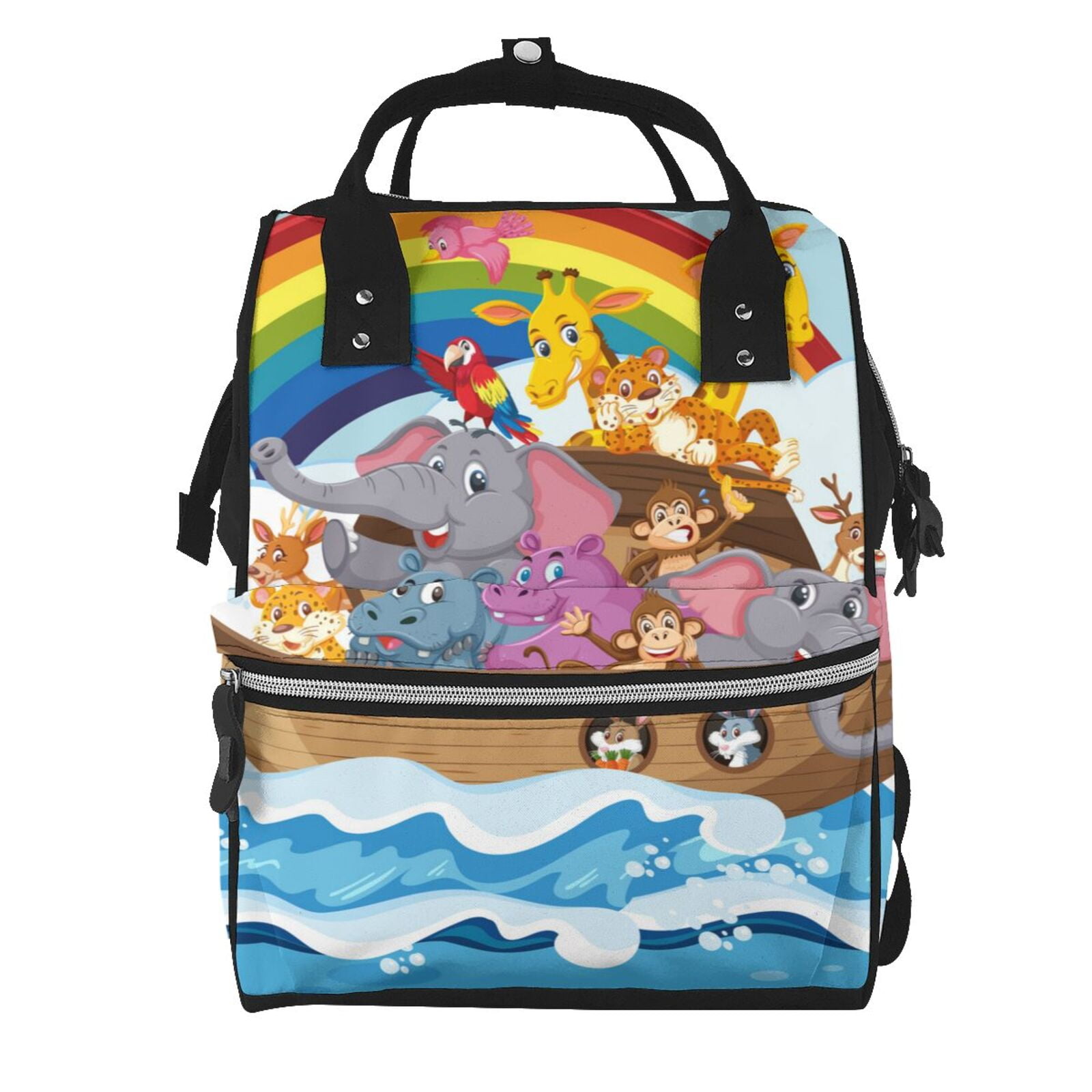 Ratiio Rainbow Animals on Noah's Ark Mummy Backpack - Waterproof Twill Canvas, Large Capacity Diaper Bag with Multiple Pockets and Adjustable Straps