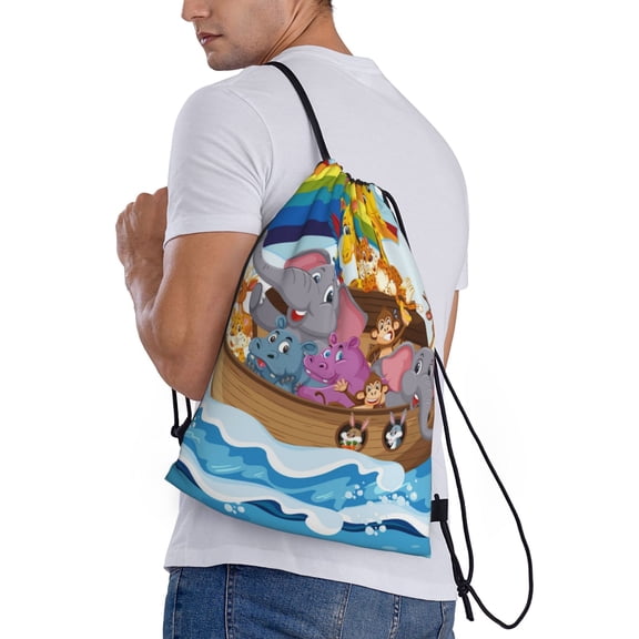 Ratiio Rainbow Animals on Noah's Ark Print Drawstring Backpack Bag Sport Gym Sackpack Heavy Duty String Backpack for Men Women