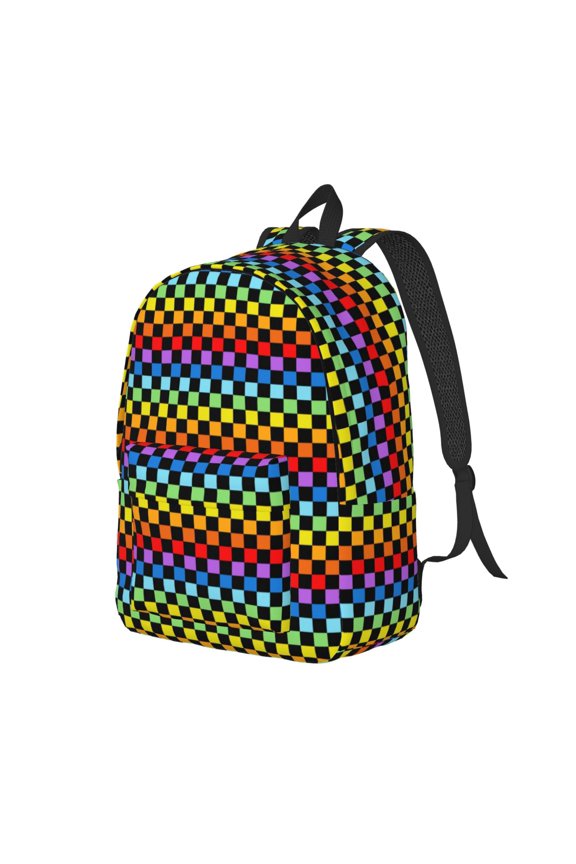 Rainbow Chequerboard Print Canvas Backpack for Women & Men Retro Aesthetic Rucksack Basic Backpack for High School/College Students Travel Laptop Bag