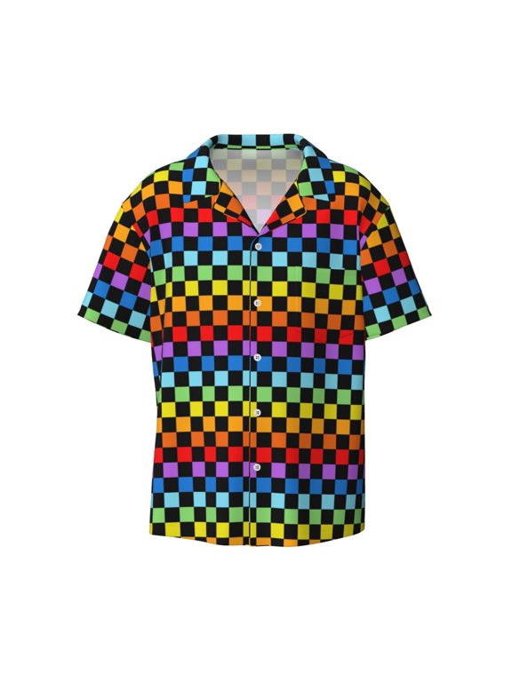 Rainbow Chequerboard Print Mens Casual Short Sleeve Shirts Button Down Textured Shirts Summer Beach Shirt with Pocket Men's Casual Short-sleeved Shirt