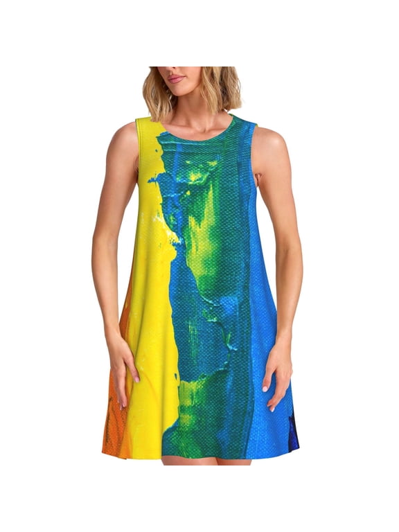 Rainbow Colored Pattern Women's Sleeveless Dress - Casual Summer Dress with Pockets, Above Knee Length, Round Neck, Ideal for Beach, Vacation, Work