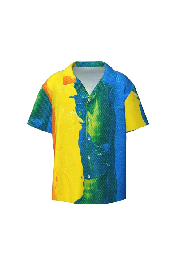 Rainbow Colored Print Mens Casual Short Sleeve Shirts Button Down Textured Shirts Summer Beach Shirt with Pocket Men's Casual Short-sleeved Shirt