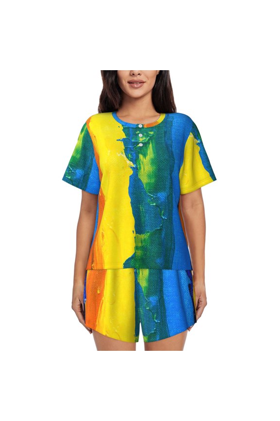 Rainbow Colored Print Womens Pajama Sets 2 Piece Soft Short Sleeve Top and Shorts Sleepwear Round Neck Pjs Lounge Set