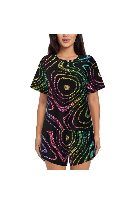 Rainbow Glitter Print Womens Pajama Sets 2 Piece Soft Short Sleeve Top and Shorts Sleepwear Round Neck Pjs Lounge Set