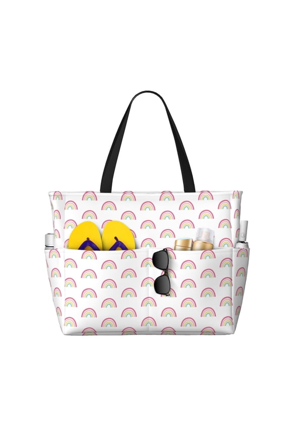 Rainbow Print Large Capacity Beach Travel Bag, Polyester Waterproof Tote Bag with Zipper for Vacation and Daily Use