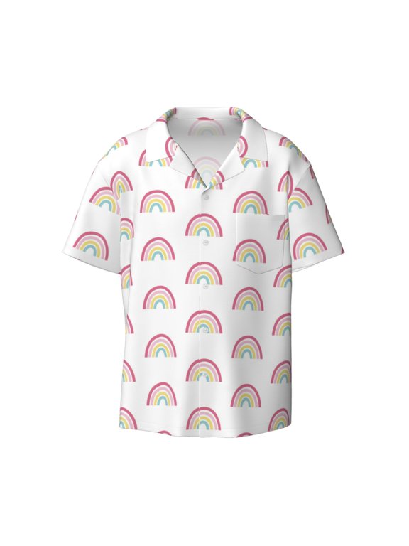 Rainbow Print Mens Casual Short Sleeve Shirts Button Down Textured Shirts Summer Beach Shirt with Pocket Men's Casual Short-sleeved Shirt