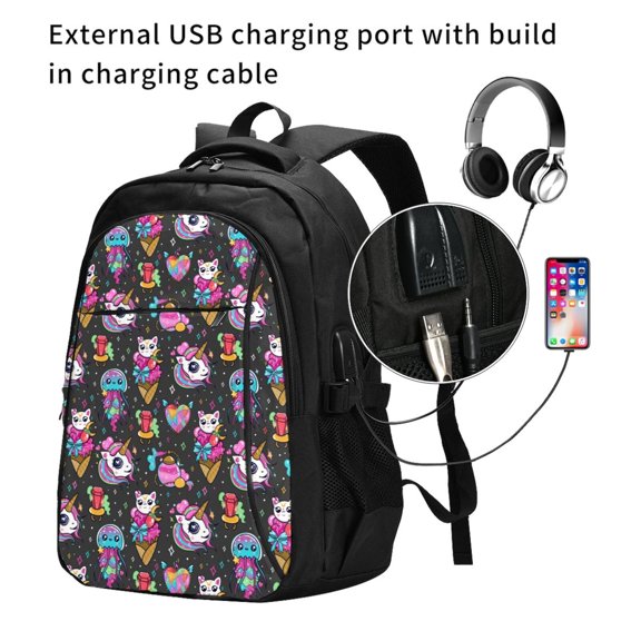 Ratiio Rainbow Unicorn And Cat Icecream Print Travel Laptop Backpack,Slim Sturdy Laptops Backpack with USB Charging Port, Water Resistant College School Computer Bag