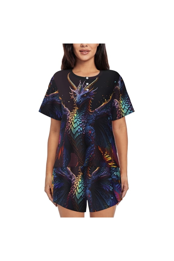 Rainbow Wings Majestic Dragon Print Womens Pajama Sets 2 Piece Soft Short Sleeve Top and Shorts Sleepwear Round Neck Pjs Lounge Set